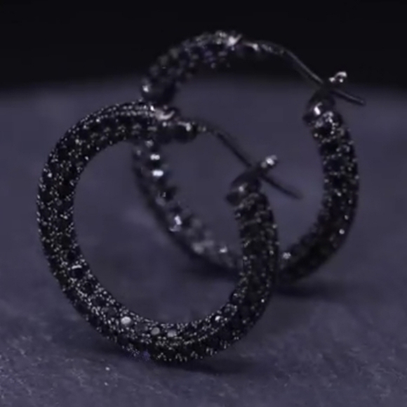 Black Pave Crystal Hoop Earrings Rhinestone Covered Blackened Metal Small Hoops - Picture 7 of 14